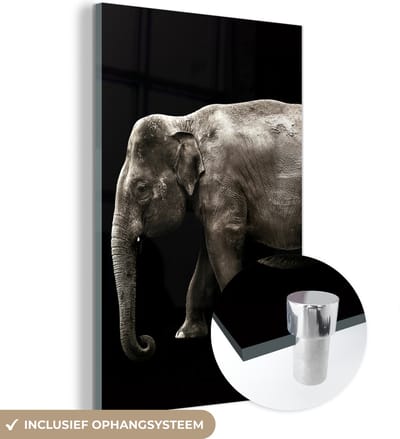 MuchoWow® Glasschilderij 120x180 cm - Schilderij acrylglas - Olifant - Wilde dieren - Zwart - Foto op glas - Schilderijen
