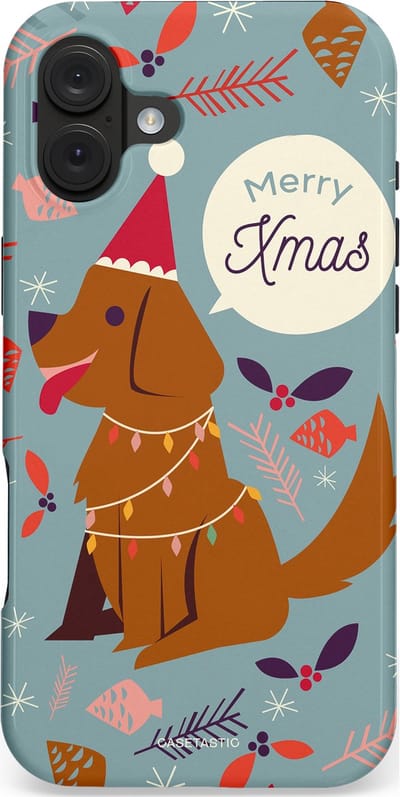 Casetastic hoesje geschikt voor Apple iPhone 16 Plus - MagSafe - Dubbellaagse bescherming - Merry Christmas Hond - Fashion Case - Zilver Bruin Saliegroen Rood