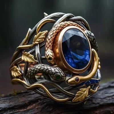 Vintage Tweekleurige Gouden Slangring Met Blauwe Saffier, Antiek Gedraaid Wijnblad Ontwerp Band, Uniek Statement Sieraden Voor Mannen No. 6 brown