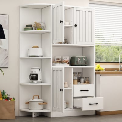 Hoekkast - 104x35x155 cm - Woonvitrinekast Met 3 Schränken + 2 Schubladen - 14 Opbergruimtes, Highboard, Sideboard - MDF - Wit