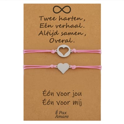 Vriendschapsarmbandjes voor 2 " Twee Harten, Een Verhaal ∞" - Omgekeerde Hartjes - BFF Armbandjes met Persoonlijk Cadeau Kaartje - Zilverkleurig & Roze - Elastisch Verstelbaar - Pax Amare