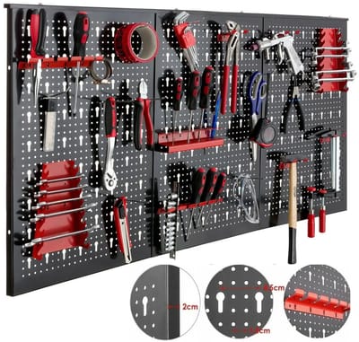 Velmio Gereedschapswand van Metaal - Gepeforeerde Plaat - Gereedschapshouder - Set Inclusief Haken - 17 Accessoires voor Werkbank - Voor Garage - Zwart/Rood