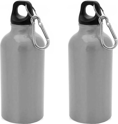 2x Stuks aluminium waterfles/drinkfles zilver met schroefdop en karabijnhaak 400 ml - Sportfles - Bidon