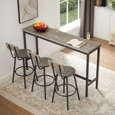 Pugsdrly Lange bartafel met 3 gestoffeerde barkrukken van PU, industriële bartafel en stoelen voor de keuken, ontbijtruimte, woonkamer, feestzaal, in rustiek grijs en zwart