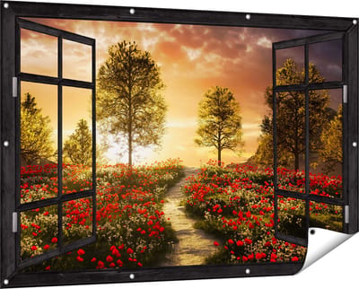 Gards Tuinposter Doorkijk Mooi Landschap met Rode Bloemen en Zonsondergang - 150x100 cm - Tuindoek - Tuindecoratie - Wanddecoratie buiten - Tuinschilderij