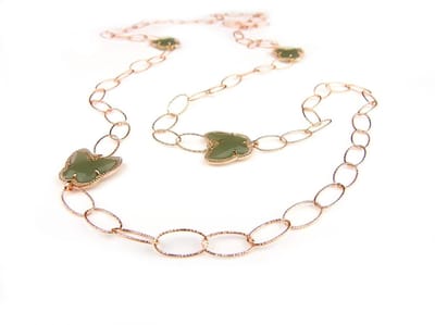 Zilveren halsketting halssnoer collier roos goud verguld Model Butterfly met groene stenen