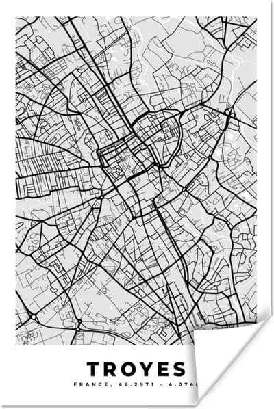 Poster Frankrijk - Plattegrond - Kaart - Troyes - Stadskaart - 120x180 cm XXL