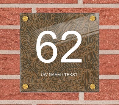 Naambordje voordeur plexiglas 20x20x0,5 cm met goud kleur afstanhouder model 1137 - Huisnummerbordje, naambordjes, naambordje huis, naamplaatjes, huisnummer bordje, originele naambordjes voordeur, huisnummerbord met naam, originele huisnummer bord