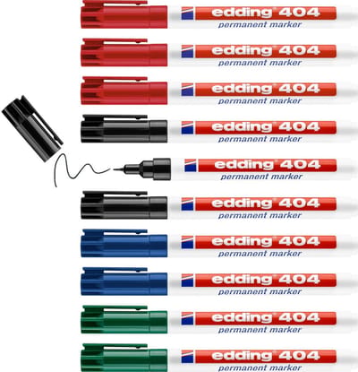 edding 404 permanent marker - zwart, rood, blauw, groen - 10 stiften - ronde punt 0,75 mm - water en wrijfvast - voor karton, kunststof, hout, metaal, etc. - alcohol markers voor volwassenen