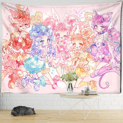 Cartoon Roze Anime Meisje Wandkleed Boho Kawaii Kunst Minimalistisch Wandkleed Kinderkamer Slaapzaal Decoratie 95x70cm