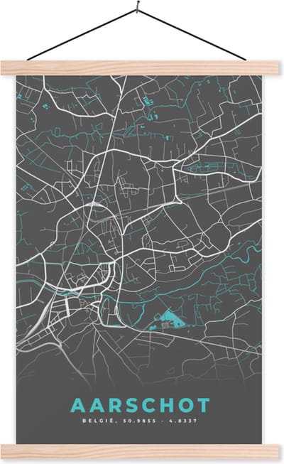 Posterhanger incl. Poster 40x60 cm - Schoolplaat - Kaart – Plattegrond – Stadskaart – Aarschot – België - Grijs - Textielposter - Blanke latten - Stadskaart