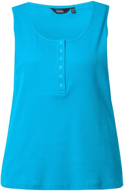 Ulla Popken - Dames - Top ribjersey ronde hals knoopsluiting mouwloos - Blauwturkoois - Maat 50+