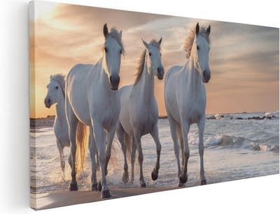 Artaza Canvas Schilderij Paarden - 40x20 cm - Klein - Wanddecoratie Strand - Muurdecoratie Zee - Schilderijen Op Canvas Zonsondergang