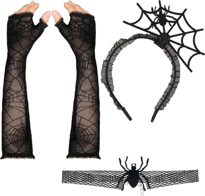 Halloween Spinnen Set - Spinnen Accessoires - Feest Outfit - Kant & Spinnenweb Design - 3 Stuks - Zwart