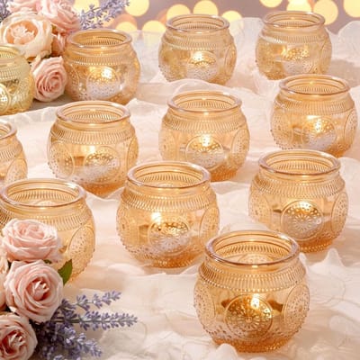 Votiefkandelaars Glas - Theelichthouders Goud - Feestdecoratie - Reliëf Zonnebloem Patroon - 36 stuks - Goud