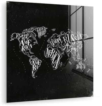 ® Glasschilderij 90x90 cm - Schilderij acrylglas - Wereldkaart - Zwart - Wit- Sterrenhemel - Foto op glas - Muurdecoratie woonkamer - Wanddecoratie slaapkamer - Schilderijen