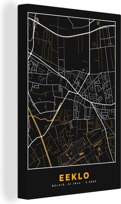 Canvas Schilderij Plattegrond - Goud - Kaart - Eeklo - Stadskaart - 20x30 cm - Wanddecoratie