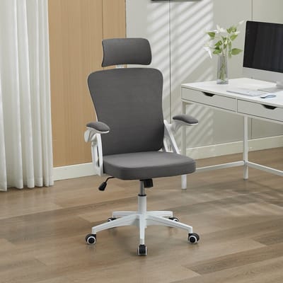 Ergonomische Bureaustoel Met Netrug, Verstelbare Lendensteun En Hoofdsteun, Hoogteverstelbaar, Met Wielen En Armleuningen, Grijs Wit