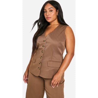 boohoo Dames Plus Longline Pinstripe Weste | Mokka | Maat: 44