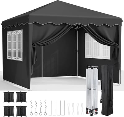 Asaam Pop-up Luifel- Zijwanden- Winterpaviljoen voor buiten- Verstelbare beenhoogtes -Ramen- Draagtas -Feesttent (3x3m)-Zwart