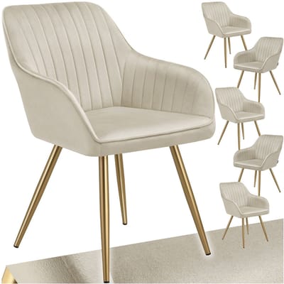 tectake® Eetkamerstoelen Marilyn - Set van 6 - Gestoffeerde Stoel in Fluweellook - Doorgestikt - Zwarte Stoelpoten - Ergonomische Keukenstoel - Doorlopende Rugleuning en Armleuningen - Stoel voor Woonkamer, Eetkamer, Slaapkamer - Creme