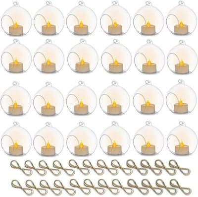 Glazen Theelichthouders - Glazen Bollen - Decoratie Ophangen - Inclusief LED Kaarsen - 24 Stuks 8cm - Helder