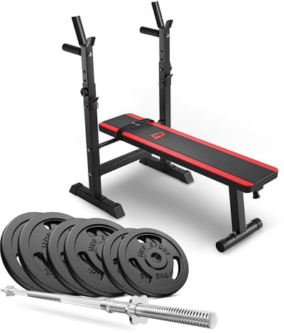 Hop-Sport HS-1080 – Halterbank Set – Gietijzeren Halterset 69 kg – Inklapbaar – Krachttraining Thuis