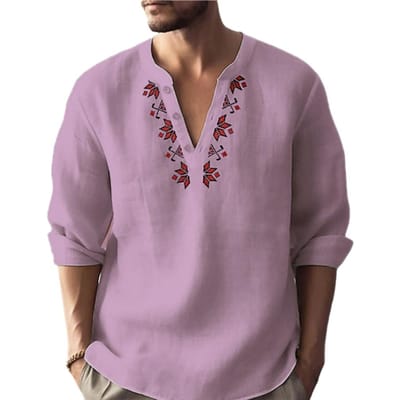Chemise à manches longues et col en v pour hommes, imprimé géométrique, boutons, coupe ample, couleur unie, pull fin, vêtements de travail M rose