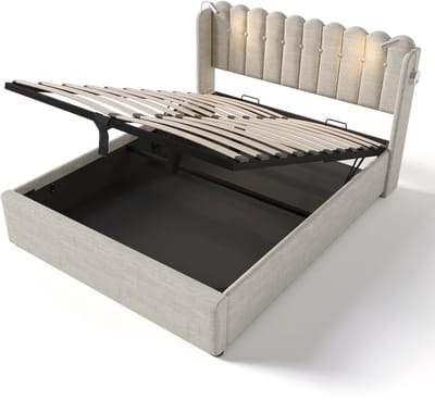 COVREO Bedframe 140x200 cm naturel, stof, leeslamp, zonder matras