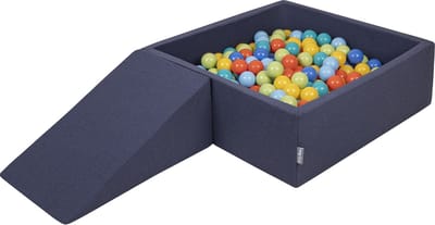 KiddyMoon Ballenbak voor kinderen 90x30cm Vierkant met Wig - 100 Ballen ∅7cm - Foam speelset - Speelgoed baby schuim - Ballenbad baby foam - Kunststof ballen - Schuimvulling - Donkerblauw: Lichtgroen Oranje Turkoois Blauw Babyblauw Geel