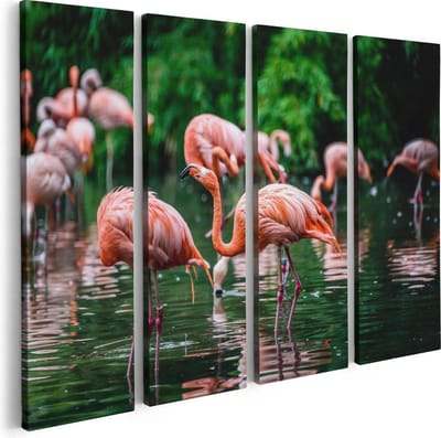 Artaza Canvas Schilderij Vierluik Kudde Flamingo's in de Jungle in het Water - 80x60 - Foto Op Canvas - Canvas Print