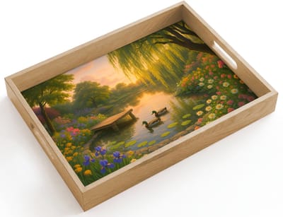 Dienblad hout 40x30 cm - Schootdienblad - Eenden - Vijver - Bloemen - Borrelplank rechthoek - Plateau dienbladen