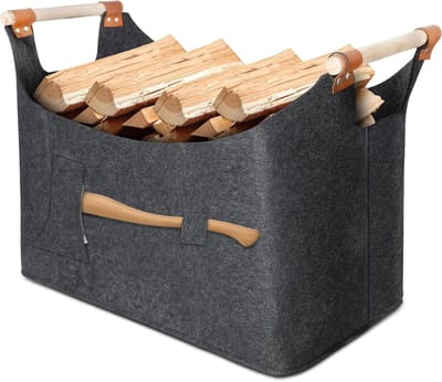 Vilten opbergtas - Houtmand mand - Haardhout opslag - Met handvat - 70 liter - Grijs