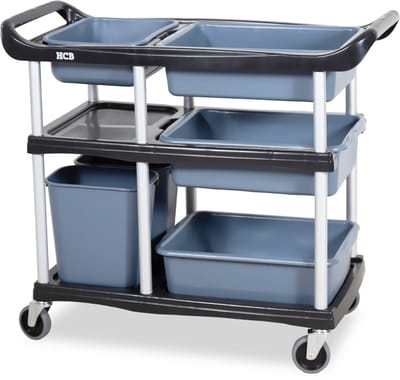 HCB® - Professionele Horeca Afruimwagen op wieltjes - 3 lagen - bakken - kunststof serveerwagen - keukentrolley industrieel - 46x104x91 cm (DxBxH) - 15 kg - 1406