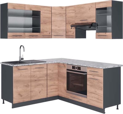Vicco Hoekkeuken Fame-Line, Goudkleurig Eiken/Antraciet, 190 x 160 cm, WB Marmer