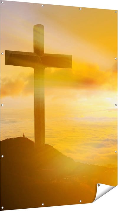 Gards Tuinposter Kruis van Jezus Christus bij Zonsondergang - 120x180 cm - Tuindoek - Tuindecoratie - Wanddecoratie buiten - Tuinschilderij