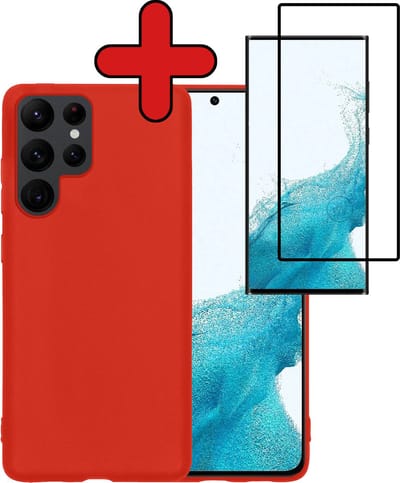 Hoesje - Met Screenprotector - Geschikt voor Samsung Galaxy S22 Ultra - Sterk & Shockproof - Telefoon Hoes - Back Cover - Siliconen Case - Telefoonhoes - Rood