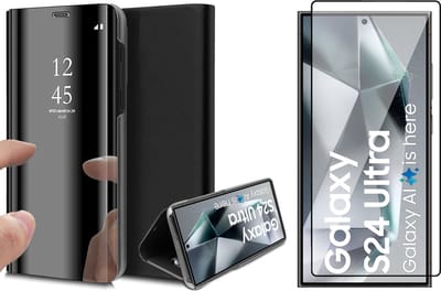 Hoesje geschikt voor Samsung Galaxy S24 Ultra - Screenprotector PET - Spiegel Book Case Zwart