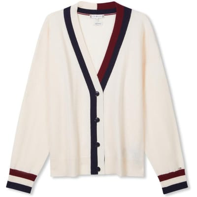 Tommy Hilfiger Classique Américain Vintage Mode Universitaire Color-Block Bouton Lâche Col en V Pull Tricot Confortable Pull Femme Blanc Cassé WW0WW39535 L white