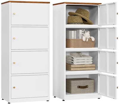 Dailygoods- Commode Metalen Kast - Dressoir - Hoge Kast - Opbergkast - Multifunctionele Kast - Robuust Design - Vintage Houten Bovenplaat