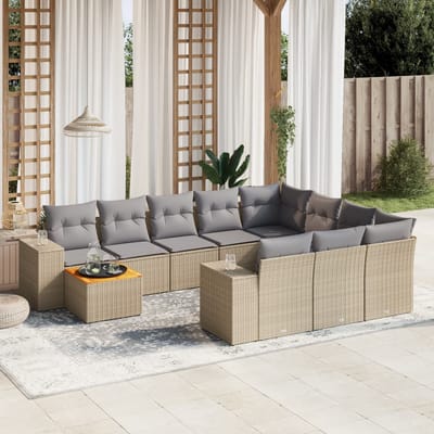 vidaXL - 11-delige - Tuinset - met - kussens - poly - rattan - beige