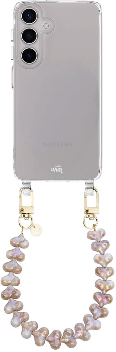 xoxo Wildhearts siliconen hoesje geschikt voor Samsung Galaxy S26 Plus hoesje - Funky Hearts (Champagne Pearl) - Telefoonhoesje - Hoesje met koord - Champagne / Beige koord - kort telefoonkoord - Hartjes ketting - Transparant hoesje