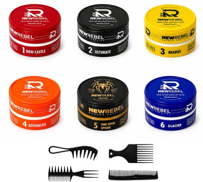 NewRebel Haar Wax Set van 6 Stuks +4 styling kammen – Haar Wax Mannen – Sterke Hold & Glans – Professionele Barber Styling – Alle Soorten (1 t/m 6)