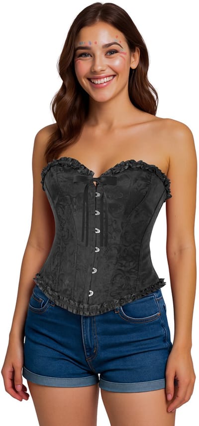 Fiestas Guirca – Verkleedkleding – Korset – Burlesque – Zwart met Bloemen – Dames - L