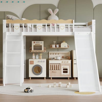 Sweiko Hoogslaper - 90x200cm - met Glijbaan - Kledingkast - Veiligheidsrail - Grenenhout + MDF - Wit + Naturel (Speelgoed niet inbegrepen)