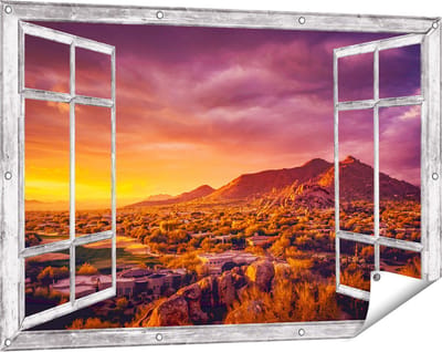 Gards Tuinposter Doorkijk Woestijn Landschap met Zonsondergang - 120x80 cm - Tuindoek - Tuindecoratie - Wanddecoratie buiten - Tuinschilderij