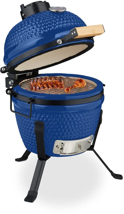 Kamado barbecue - Ø 26 cm - keramisch - met thermometer - deksel - blauw
