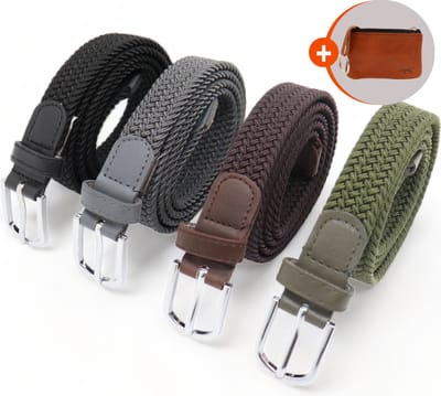 Elastische riem - 4 pak - dames riem - riem elastiek - smalle elastische riemen - gevlochten riem - Zwart,Grijs,Bruin en Groen
