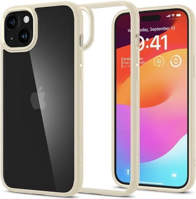 Spigen Crystal Hybrid | Hoesje Geschikt voor Apple iPhone 15 Plus | Back Cover | Militaire Standaard | Air Cushion | Transparant Beige