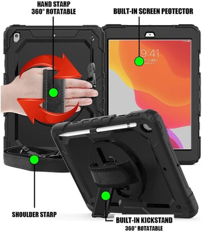 Hoes geschikt voor iPad 2020 hoes Kids case (2019 / 2020 / 2021) - Hoes geschikt voor iPad 10.2 Robuuste Hybride hoesje Armor cover met Handband - Zwart